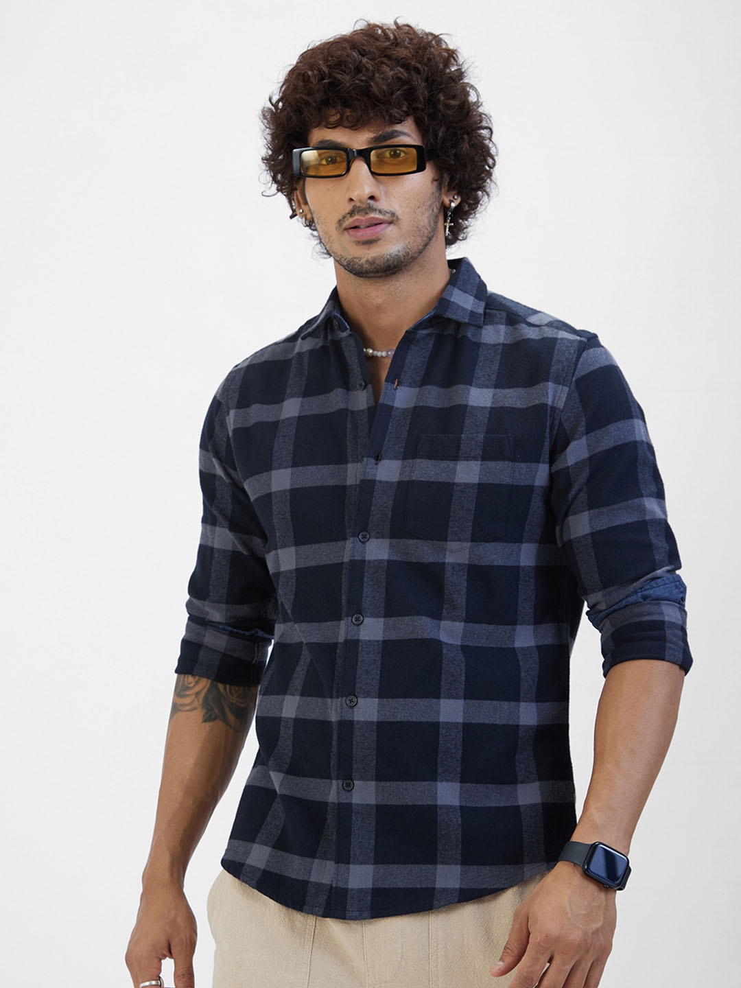 

VASTRADO Classic Slim Fit Tartan Checked Cotton Casual Shirt, Black