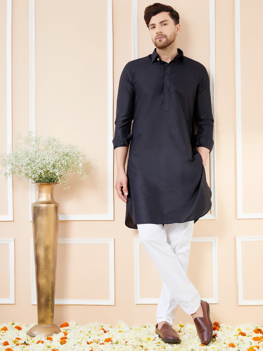 

See Designs Shirt Collar Cotton Pathani Kurta, Black