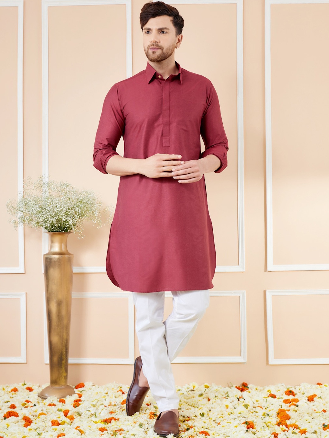 

See Designs Shirt Collar Cotton Pathani Kurta, Maroon
