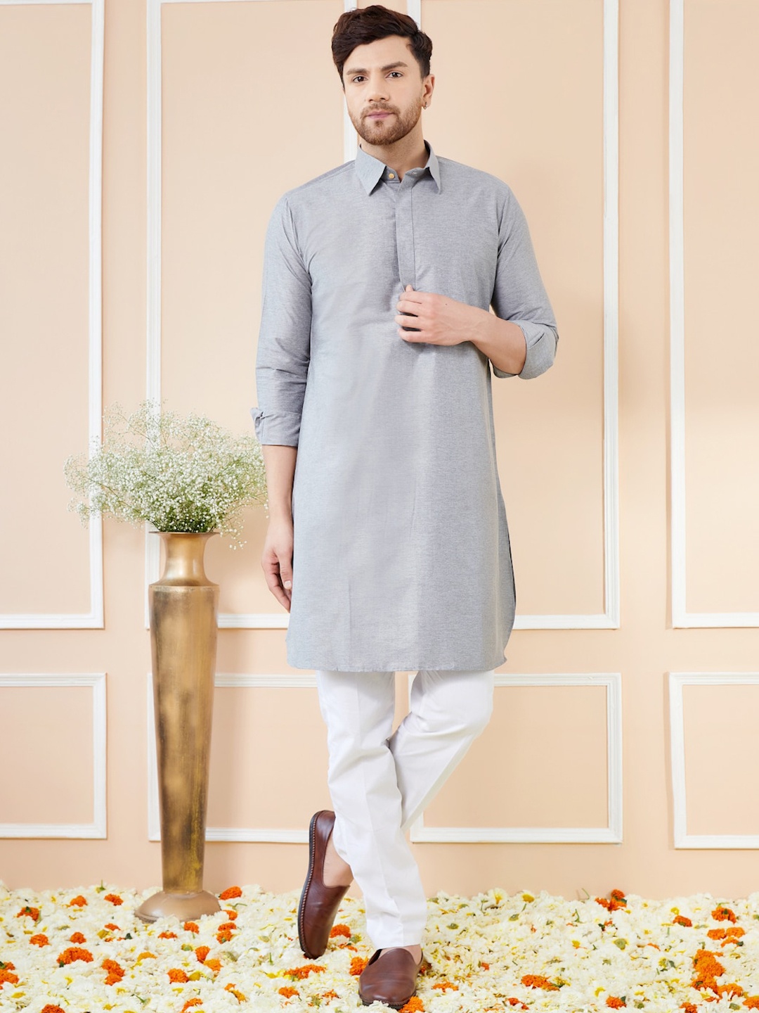 

See Designs Shirt Collar Long Sleeves Pure Cotton Pathani Kurta With Pyjamas, Grey