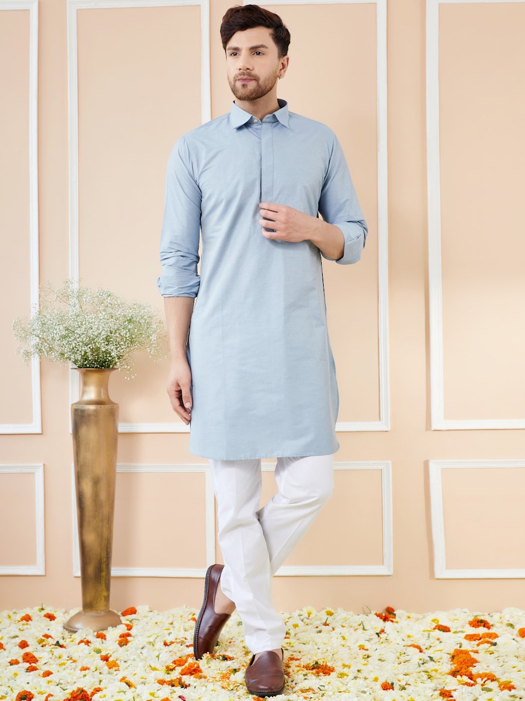 

See Designs Regular Long Sleeves Shirt Collar Pure Cotton Kurta with Pyjamas, Blue