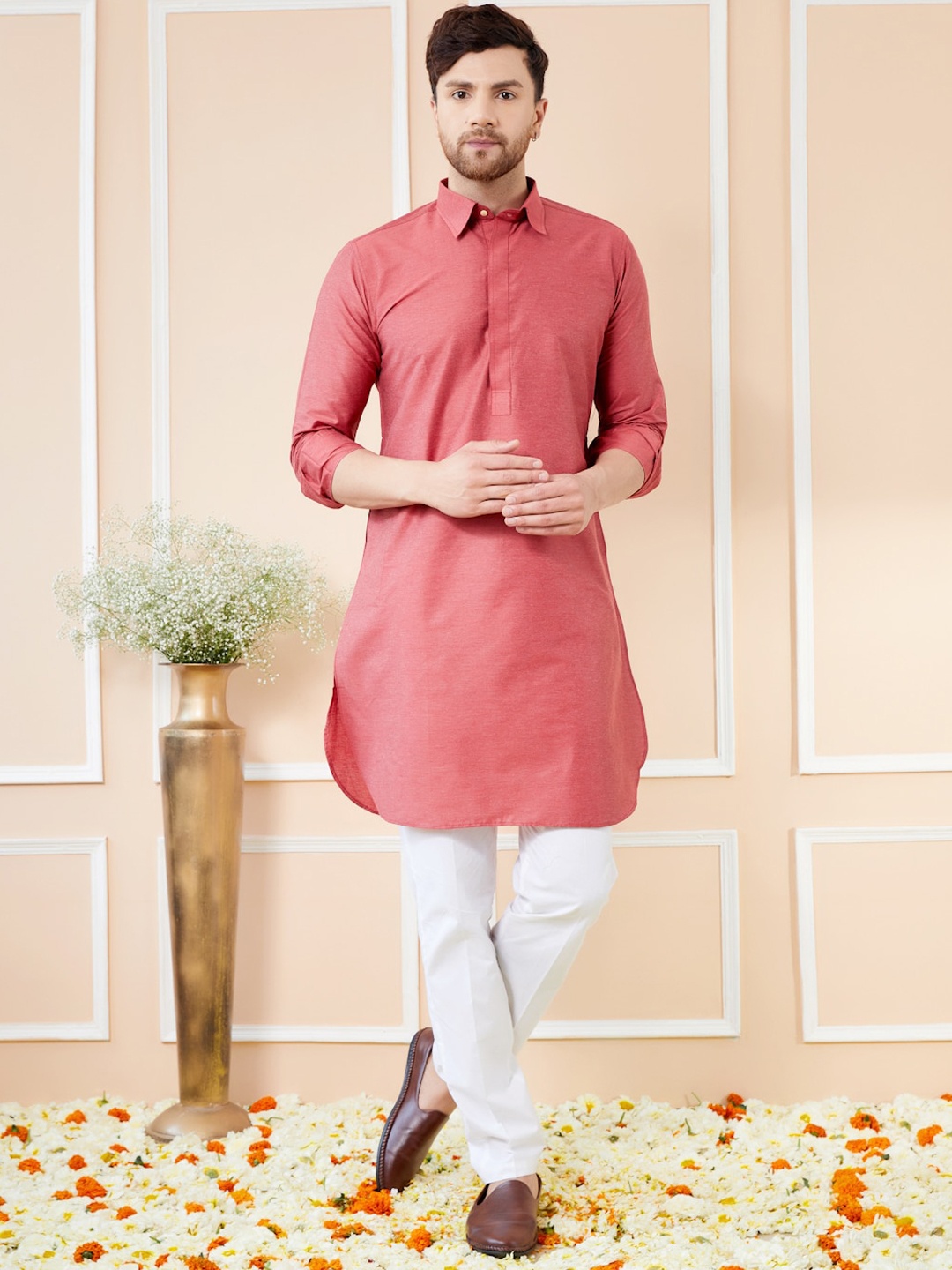 

See Designs Shirt Collar Cotton Pathani Kurta, Red