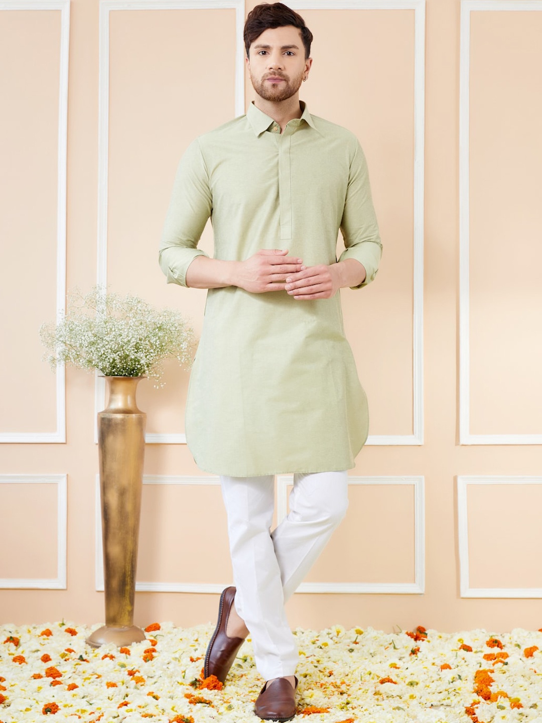 

See Designs Shirt Collar Cotton Pathani Kurta, Green