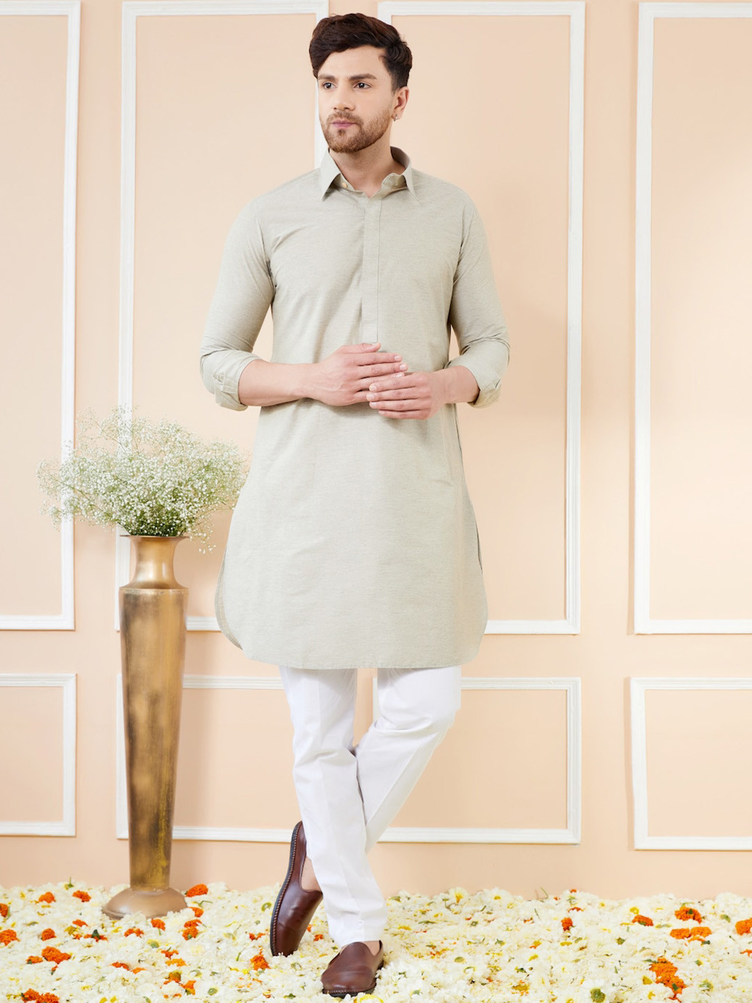 

See Designs Shirt Collar Cotton Pathani Kurta, Cream