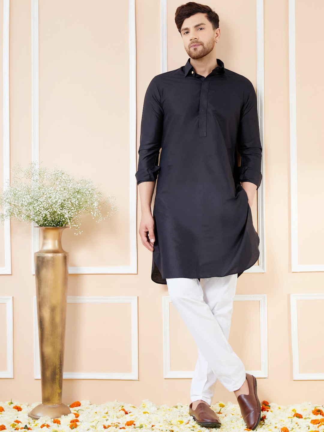 

See Designs Shirt Collar Long Sleeves Pure Cotton Pathani Kurta With Pyjamas, Black