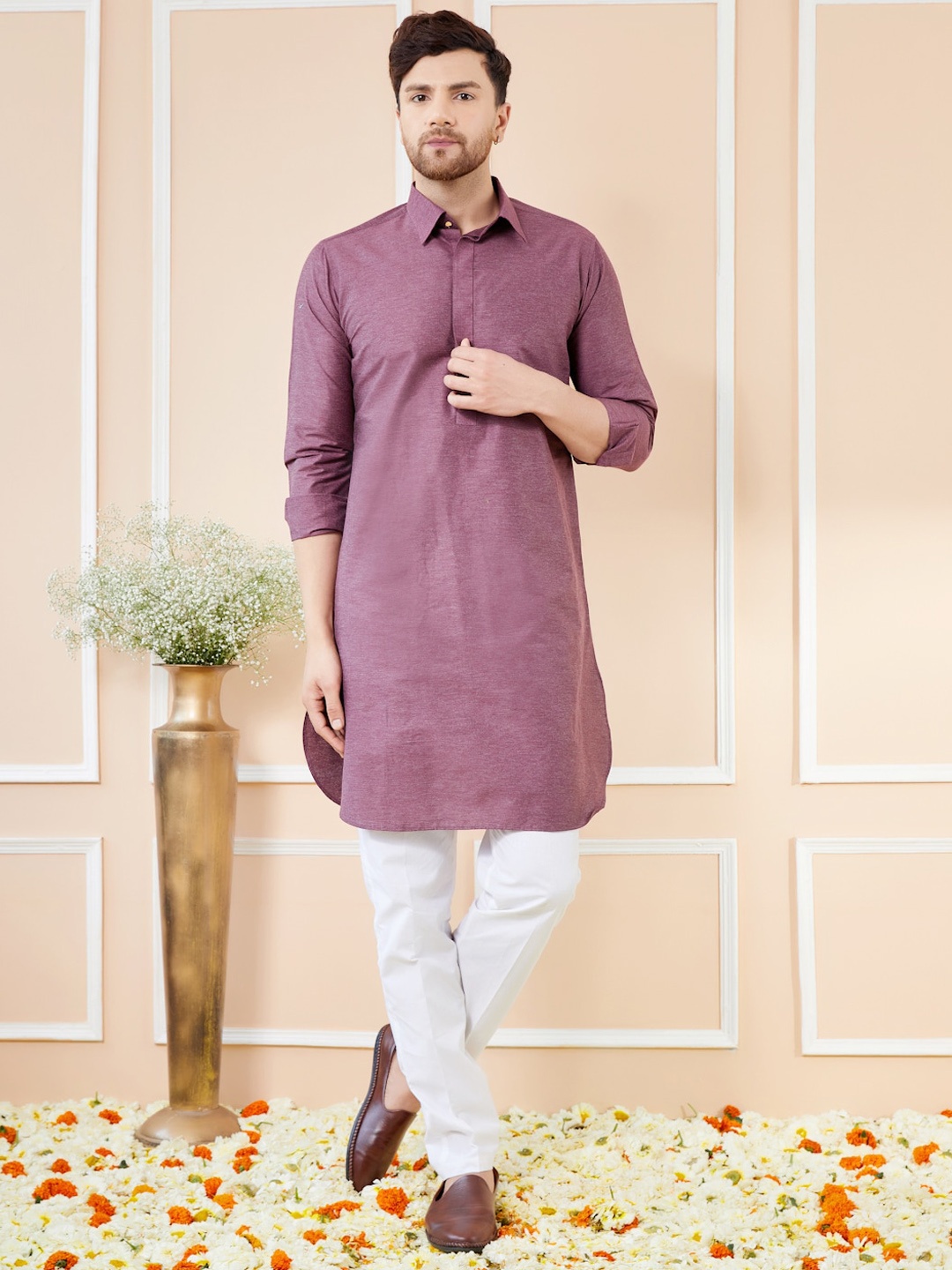 

See Designs Shirt Collar Long Sleeves Pure Cotton Pathani Kurta With Pyjamas, Purple