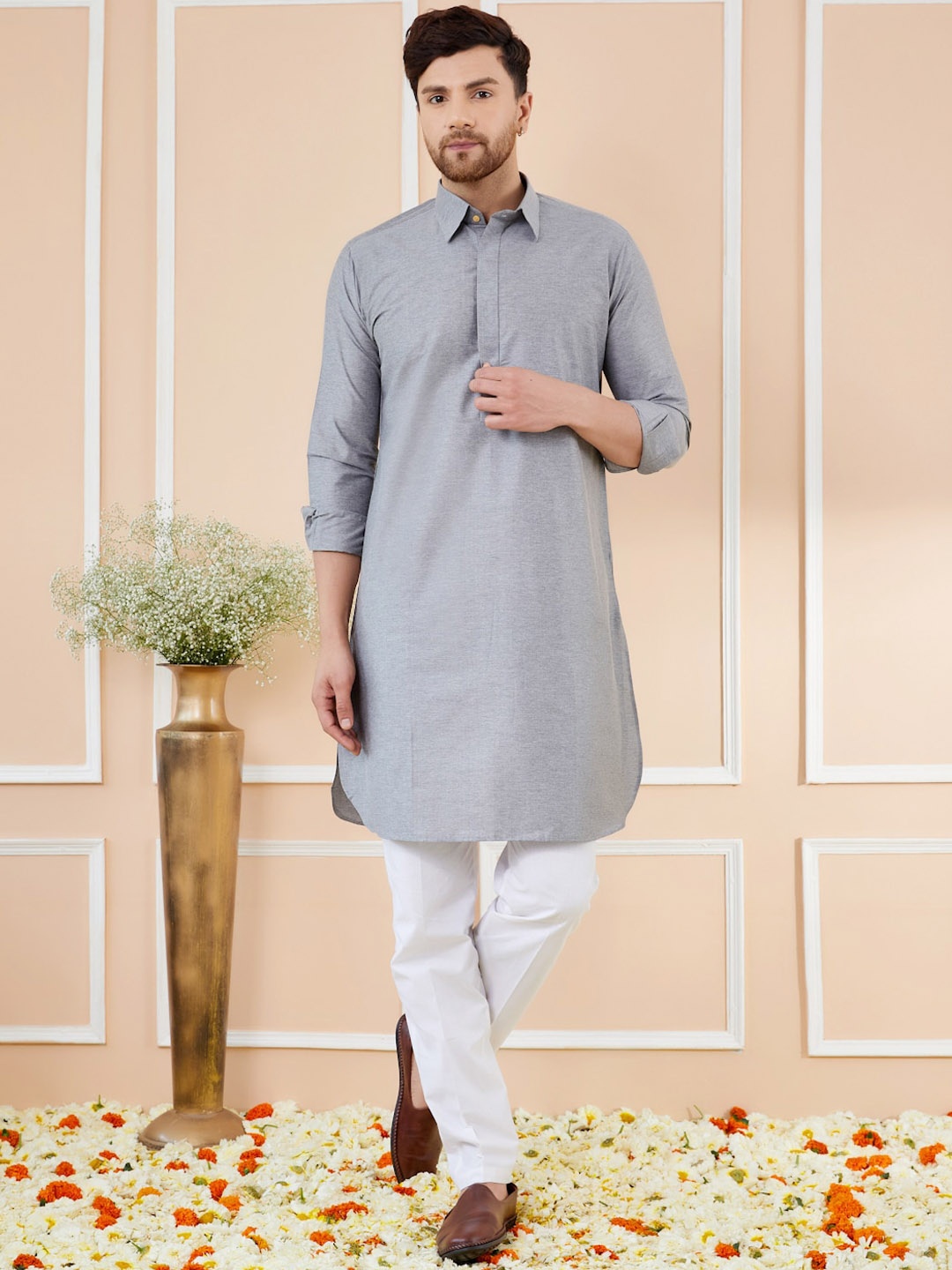 

See Designs Shirt Collar Long Sleeves Pure Cotton Pathani Kurta With Pyjamas, Grey