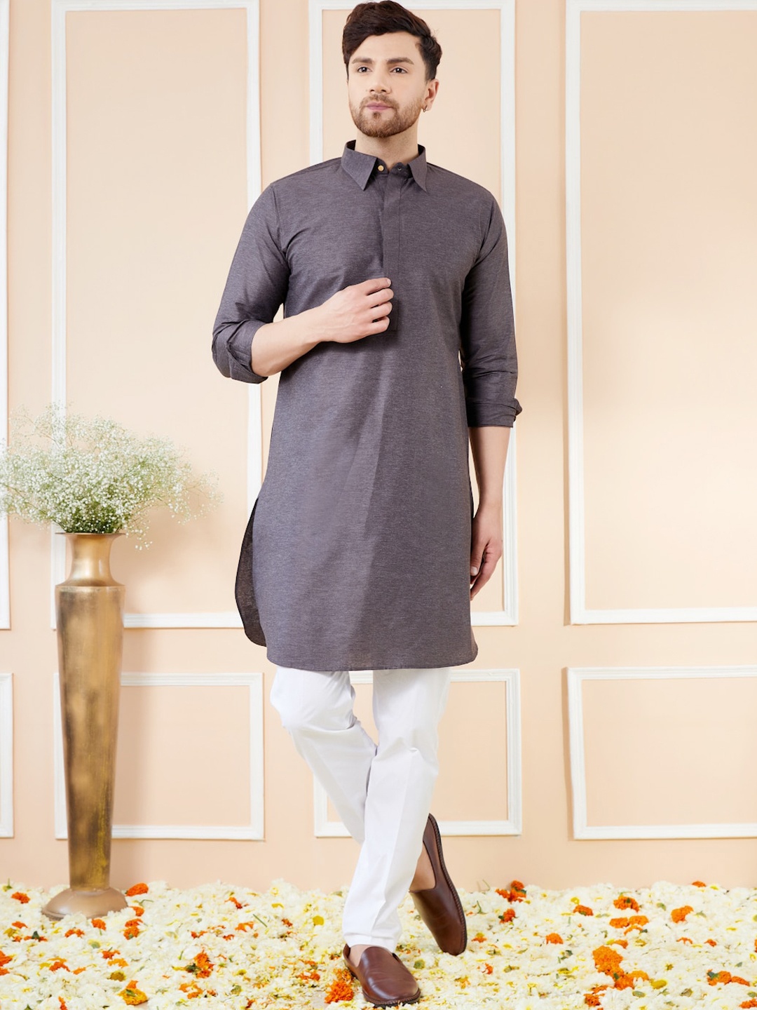 

See Designs Regular Long Sleeves Shirt Collar Pure Cotton Kurta with Pyjamas, Grey