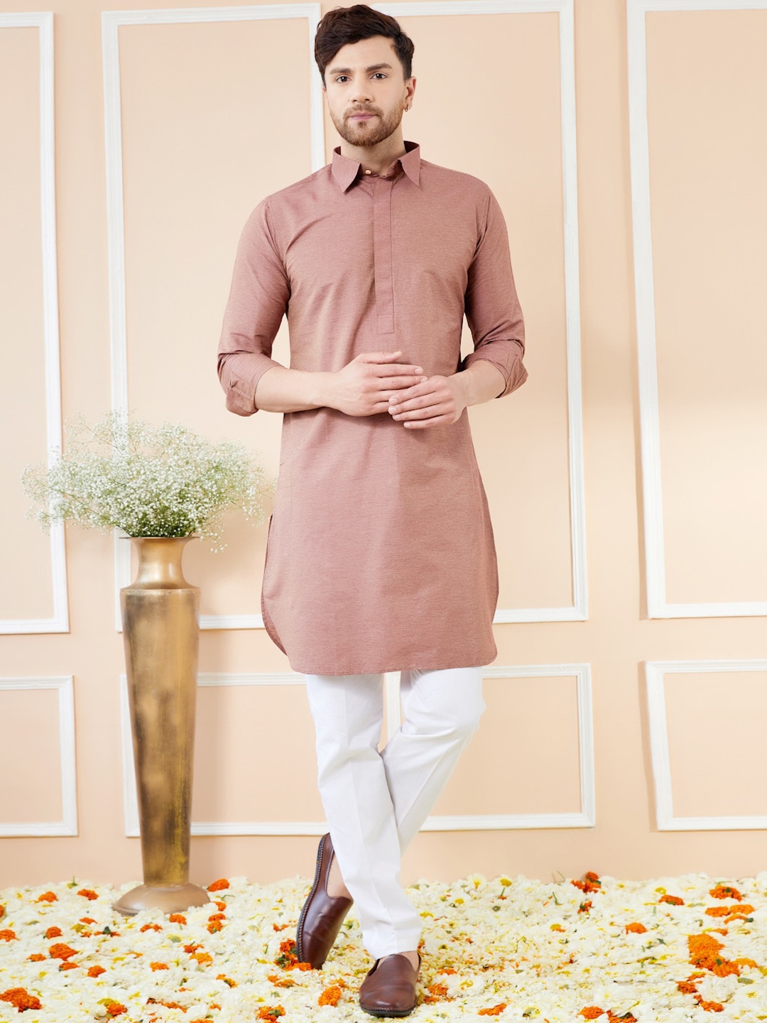 

See Designs Shirt Collar Long Sleeves Pure Cotton Pathani Kurta With Pyjamas, Brown