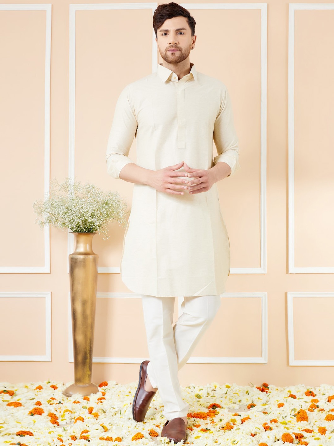 

See Designs Shirt Collar Cotton Pathani Kurta, Cream