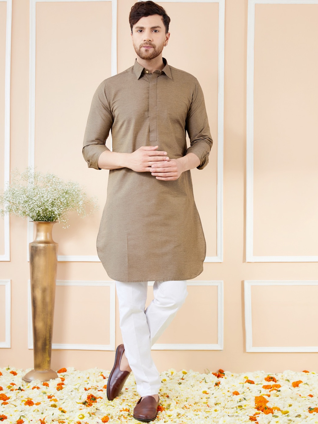 

See Designs Regular Long Sleeves Shirt Collar Pure Cotton Kurta with Pyjamas, Brown