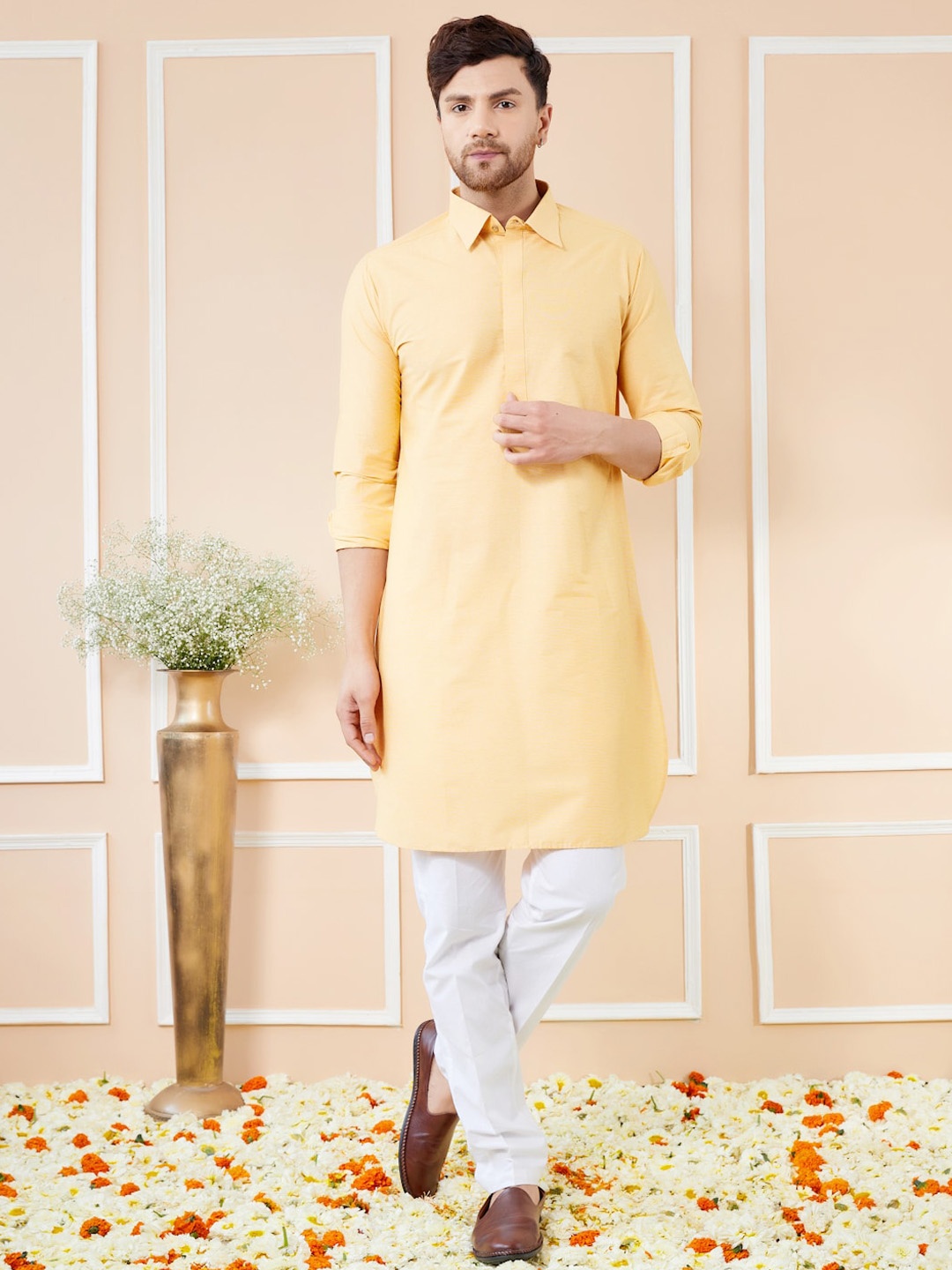 

See Designs Shirt Collar Cotton Pathani Kurta, Yellow
