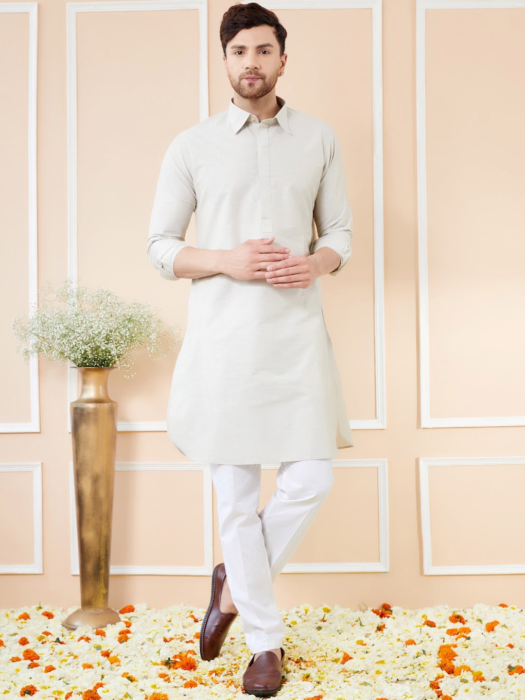 

See Designs Shirt Collar Cotton Pathani Kurta, Off white