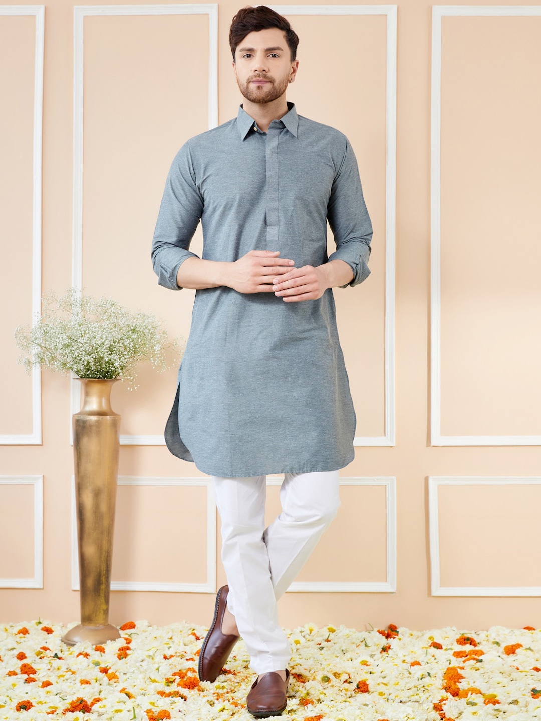 

See Designs Shirt Collar Cotton Pathani Kurta, Grey