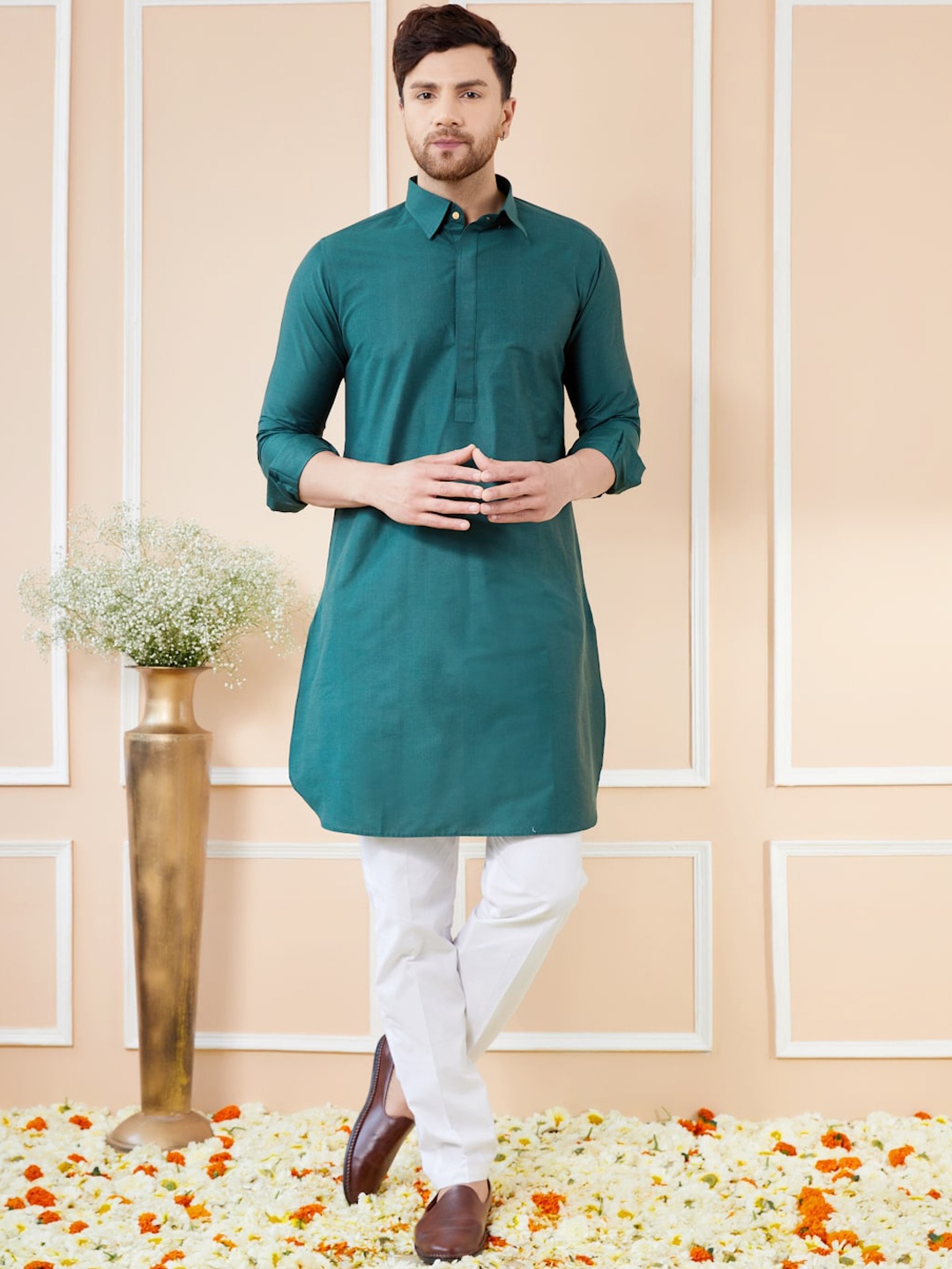 

See Designs Shirt Collar Cotton Pathani Kurta, Green