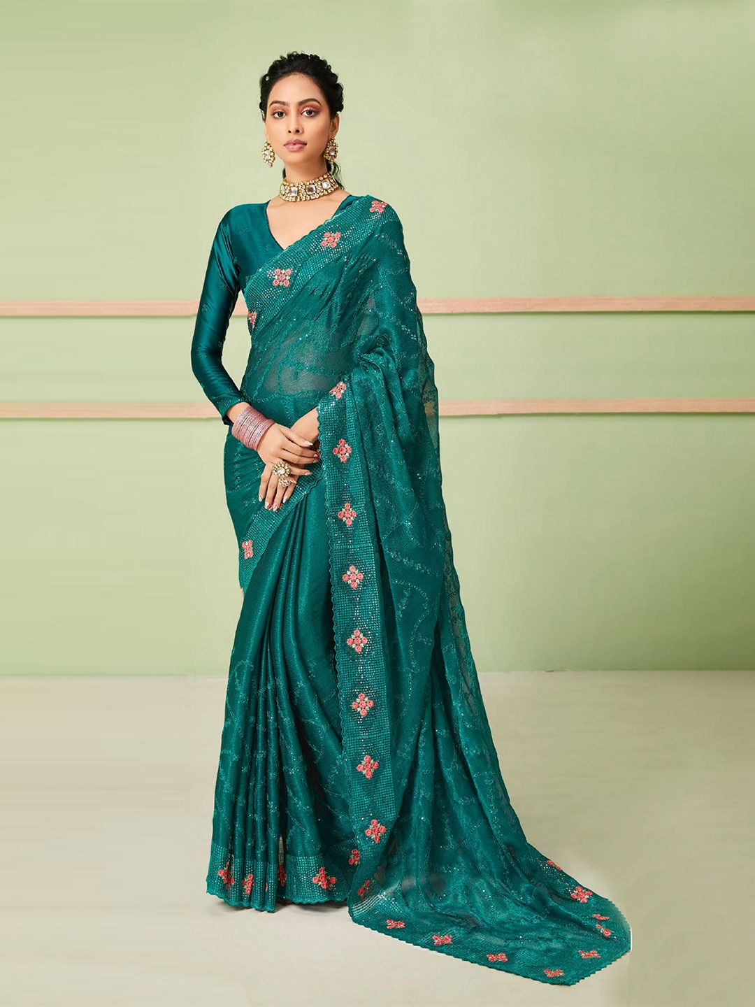 

VIRICA Embellished Sequinned Pure Chiffon Bagh Saree, Teal