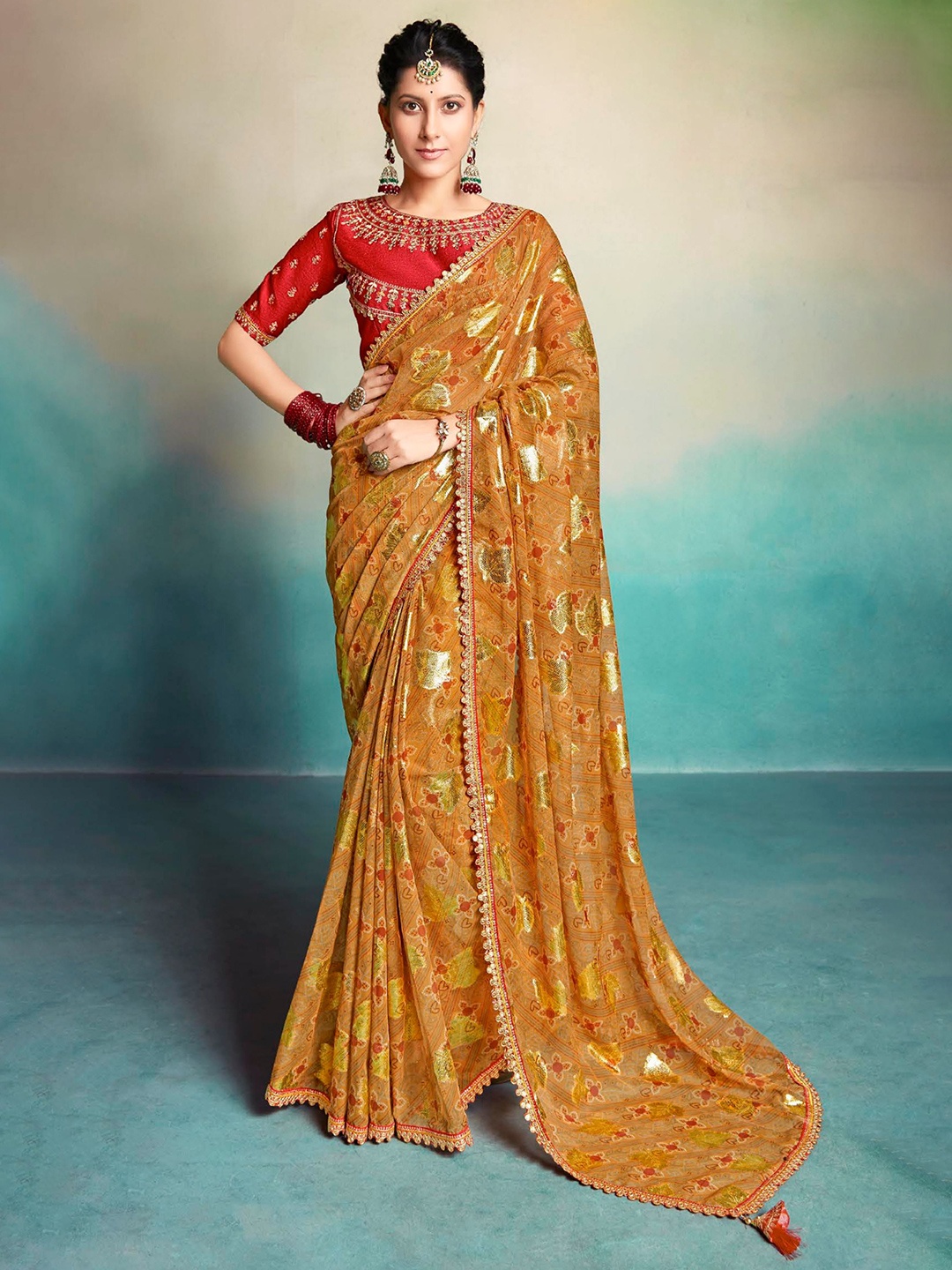 

VIRICA Floral Printed Embroidered Pure Georgette Saree, Mustard