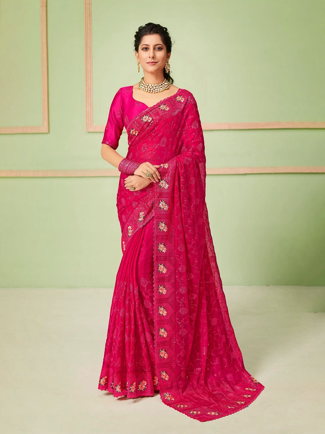 

VIRICA Floral Embroidered Sequinned Pure Chiffon Saree, Red