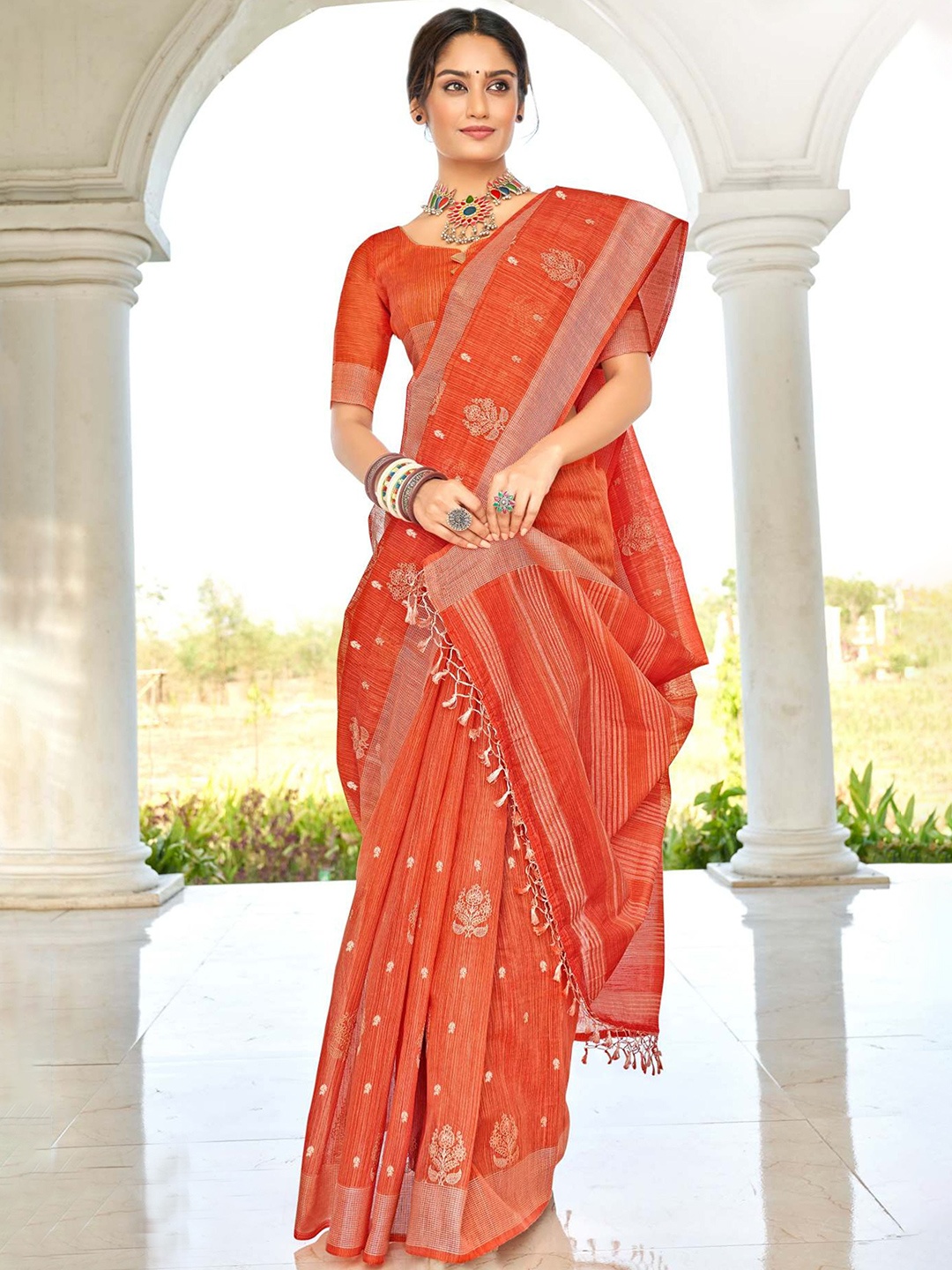 

VIRICA Ethnic Motifs Printed Sambalpuri Saree, Orange