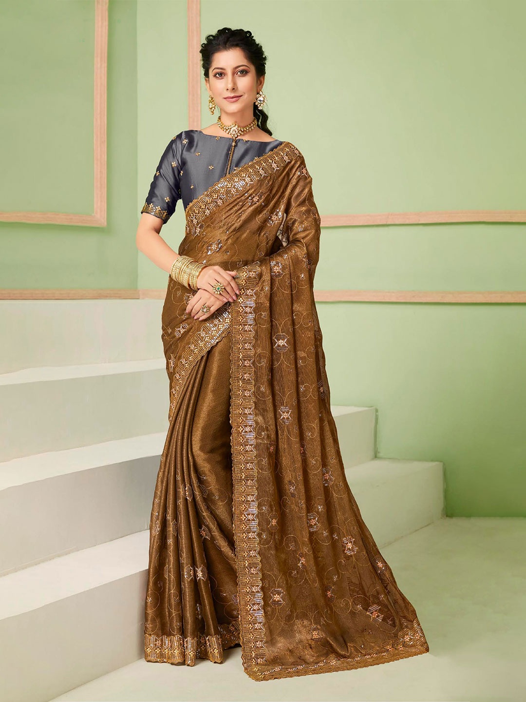 

VIRICA Floral Embroidered Sequinned Pure Chiffon Bagh Saree, Coffee brown