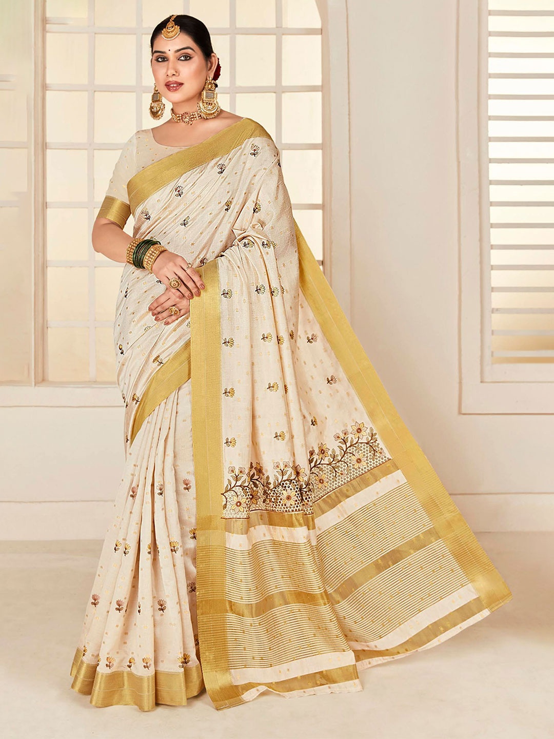

VIRICA Floral Embroidered Silk Cotton Saree, Gold