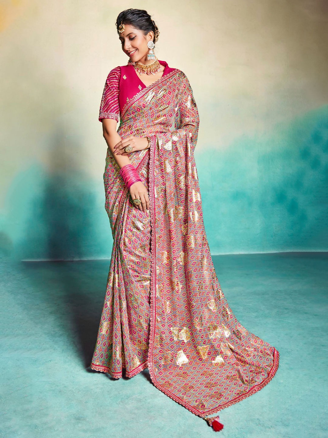 

VIRICA Floral Zari Pure Georgette Leheriya Saree, Rose