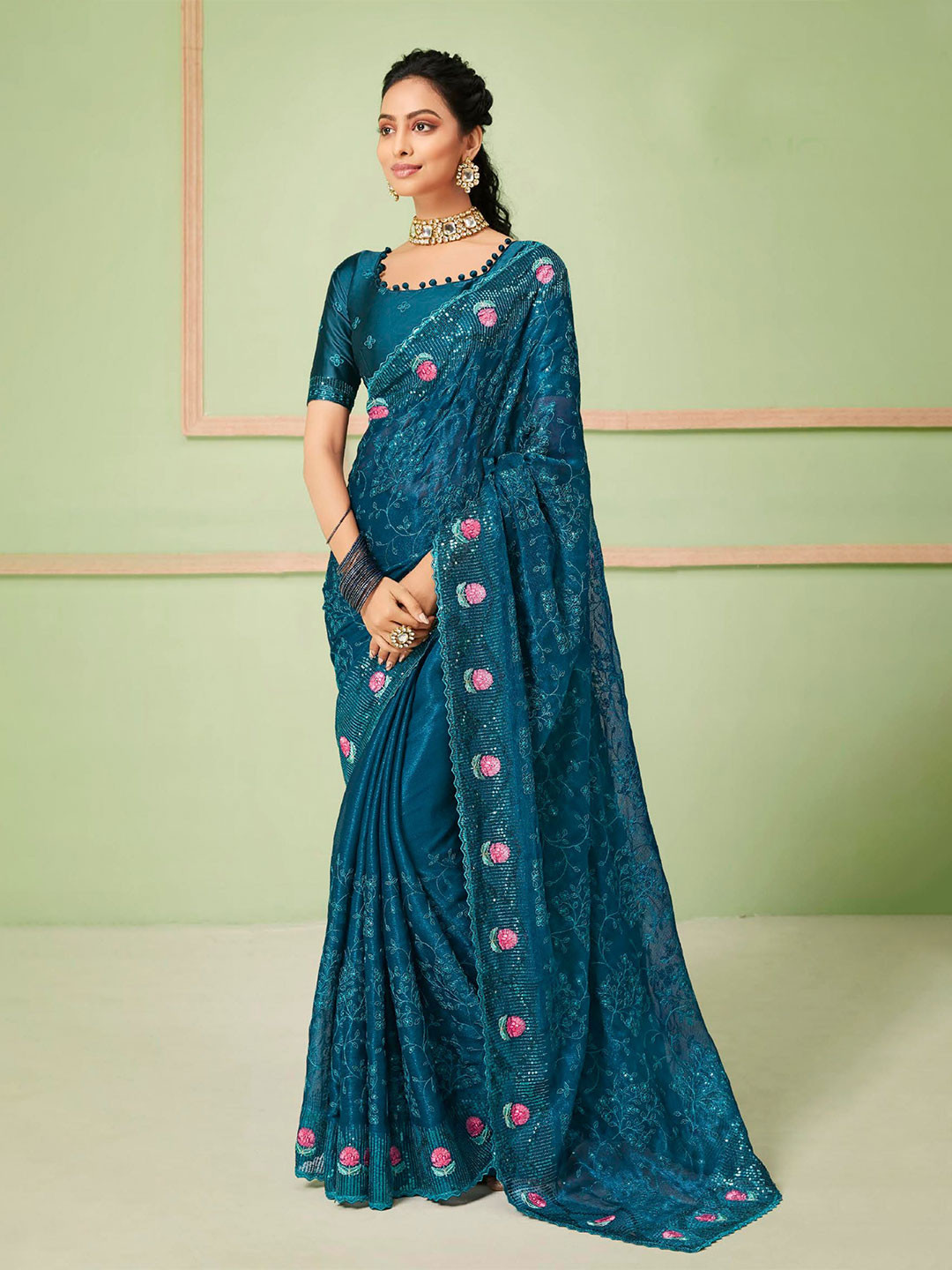 

VIRICA Floral Sequinned Pure Chiffon Bagh Saree, Turquoise blue