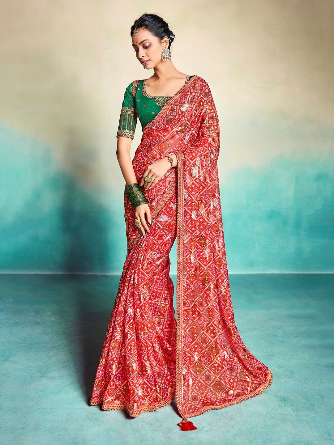 

VIRICA Ethnic Motifs Printed Zari Pure Georgette Leheriya Saree, Red