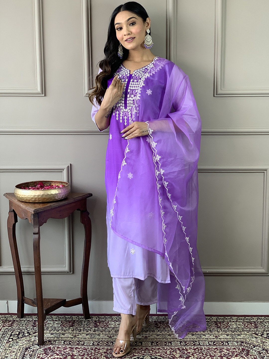 

NIZA FASHION Embroidered Regular Mirror Work Pure Silk Kurta & Trousers With Dupatta, Purple