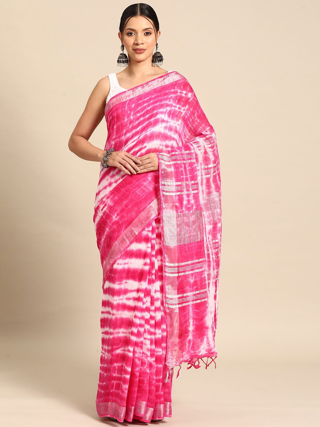 

KALINI Tie And Dye Printed Zari Pure Linen Block Print Saree, Pink