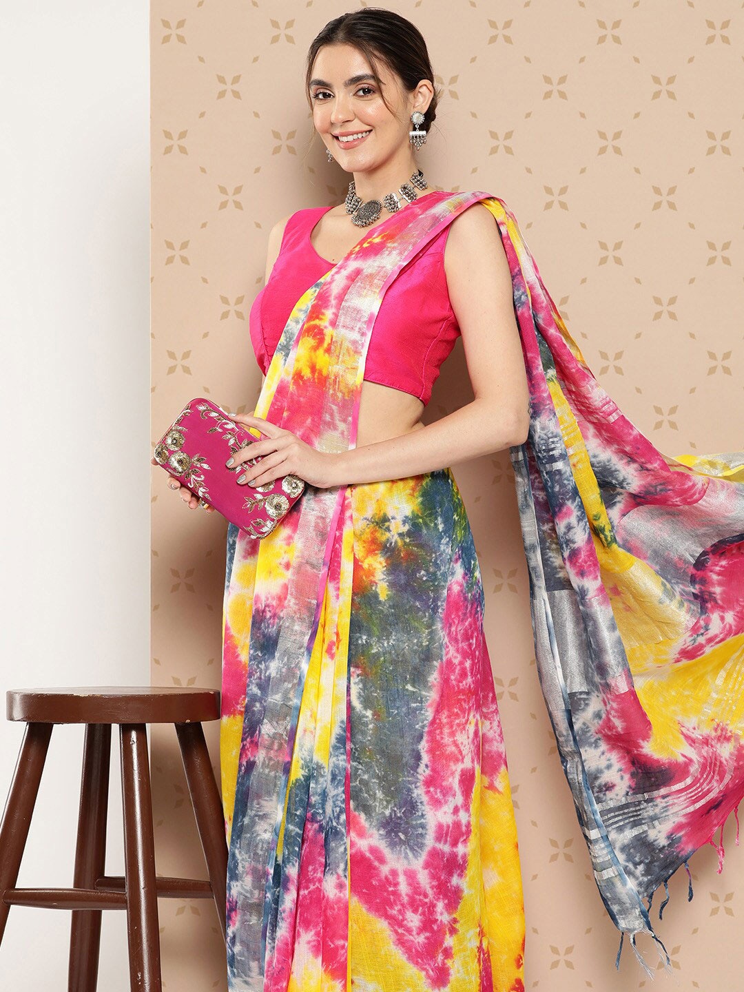 

KALINI Tie & Dye Pure Linen Block Print Saree, Pink