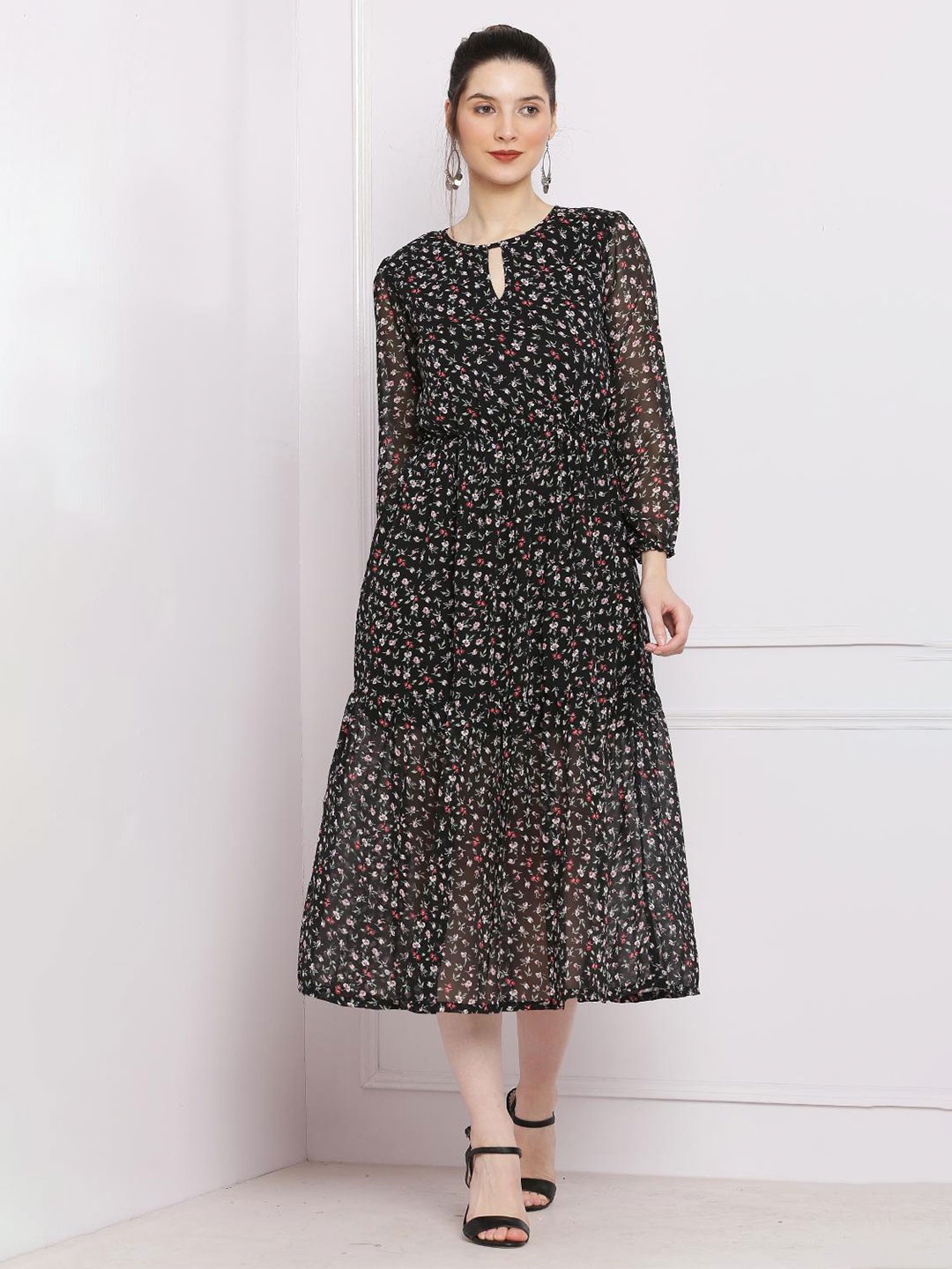 

SQew Floral Print Keyhole Neck Puff Sleeve Georgette Fit & Flare Midi Dress, Black