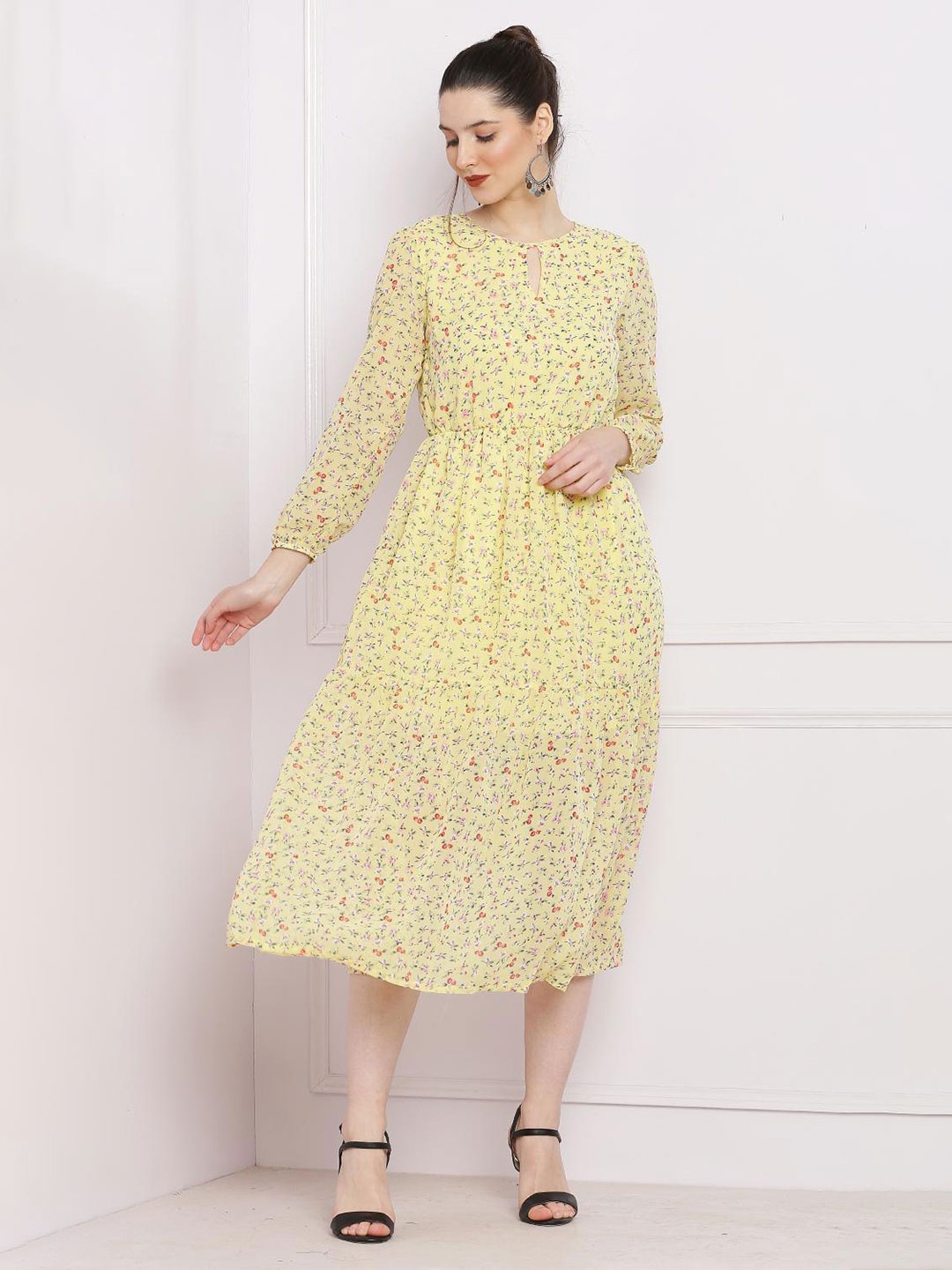 

SQew Floral Print Keyhole Neck Puff Sleeve Georgette Fit & Flare Midi Dress, Yellow