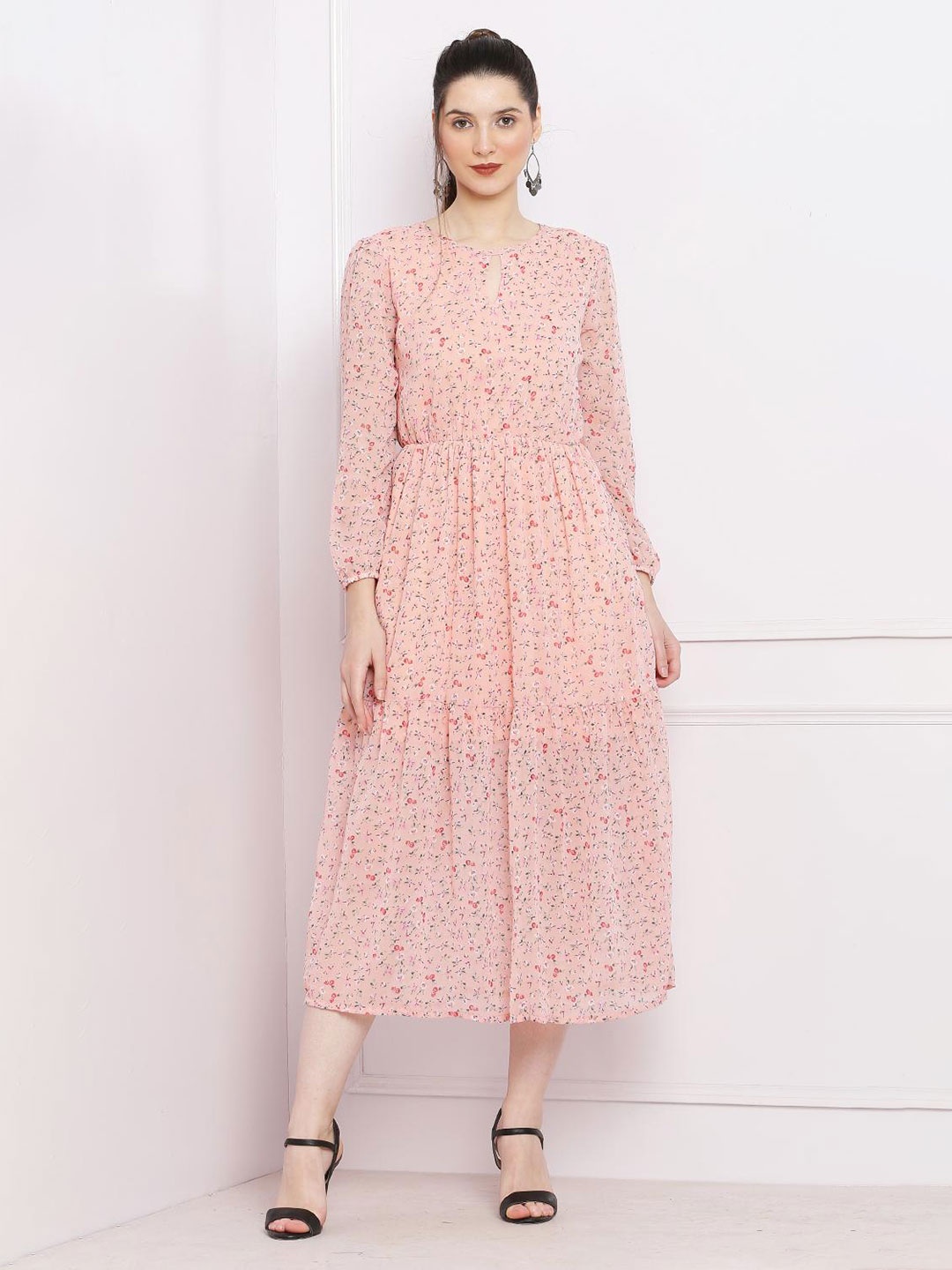 

SQew Floral Print Keyhole Neck Puff Sleeve Georgette Fit & Flare Midi Dress, Peach