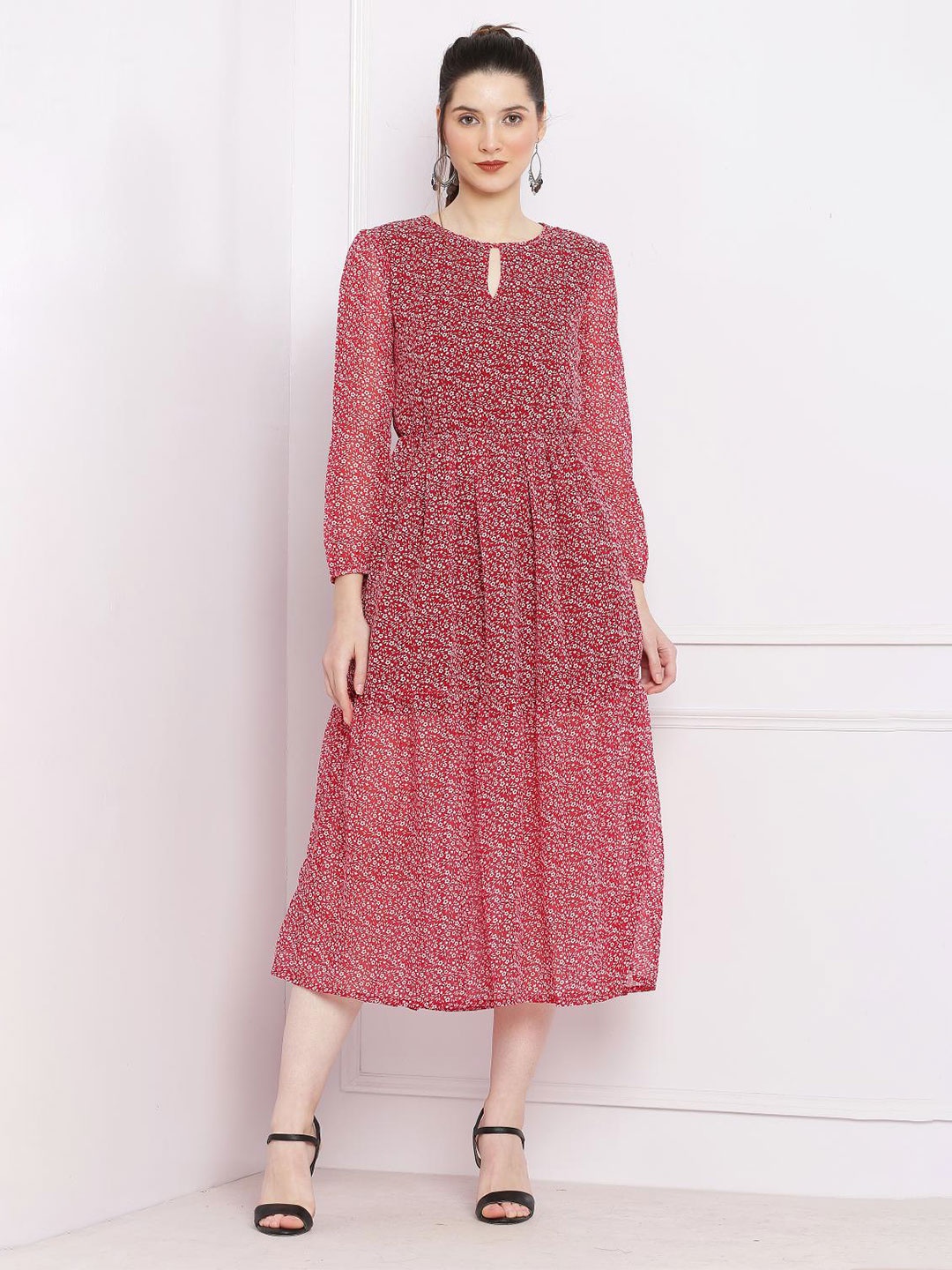

SQew Floral Print Keyhole Neck Puff Sleeve Georgette Fit & Flare Midi Dress, Red