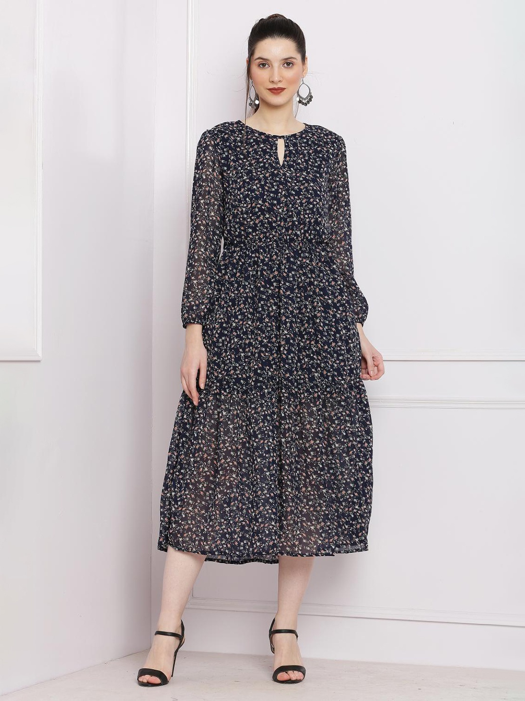 

SQew Floral Print Keyhole Neck Puff Sleeve Georgette Fit & Flare Midi Dress, Navy blue