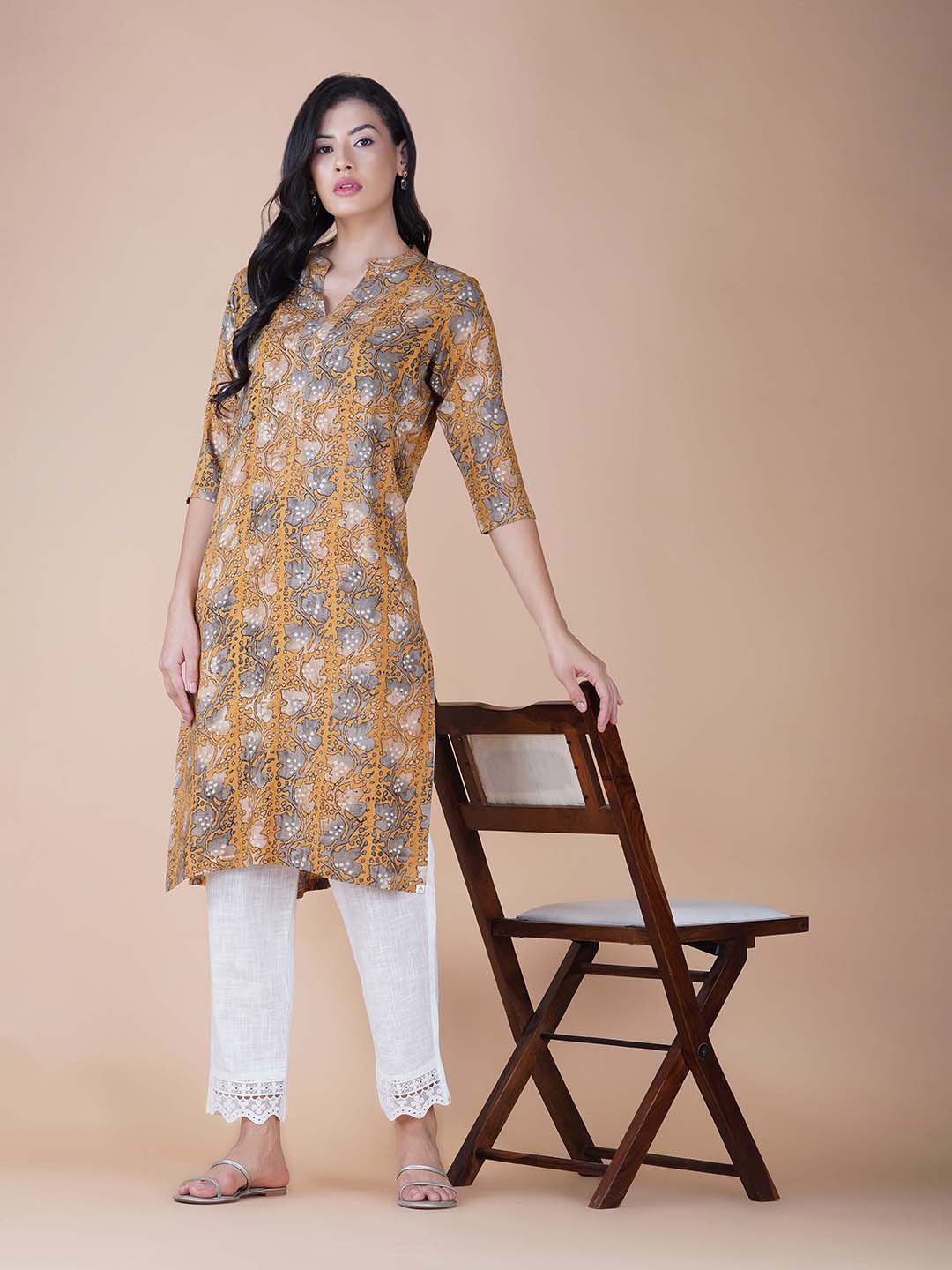 

TSUCCHI TRADITIONS Floral Printed Pure Cotton Straight Kurta, Tan