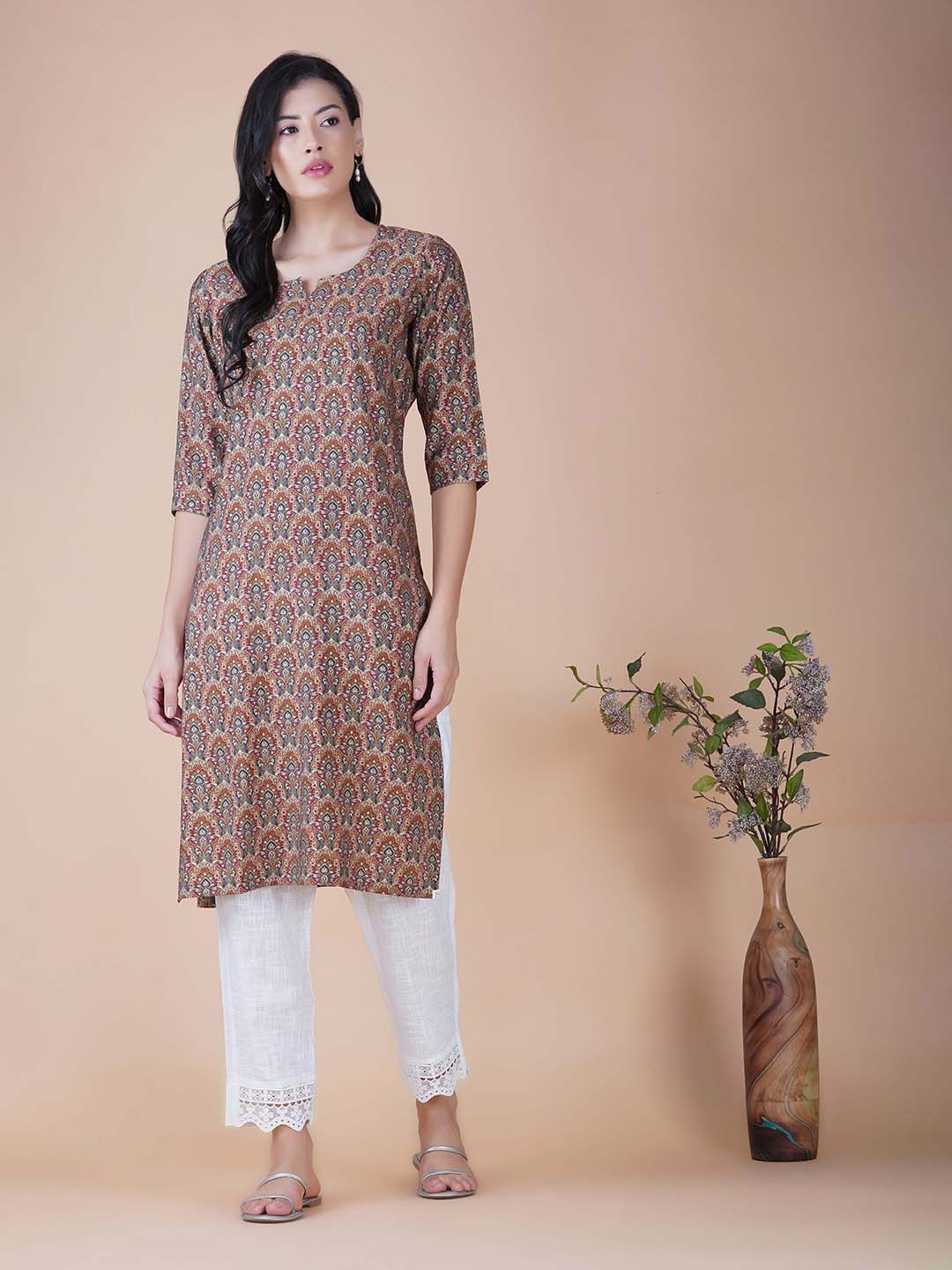 

TSUCCHI TRADITIONS Ethnic Motifs Printed Pure Cotton Kurta, Brown