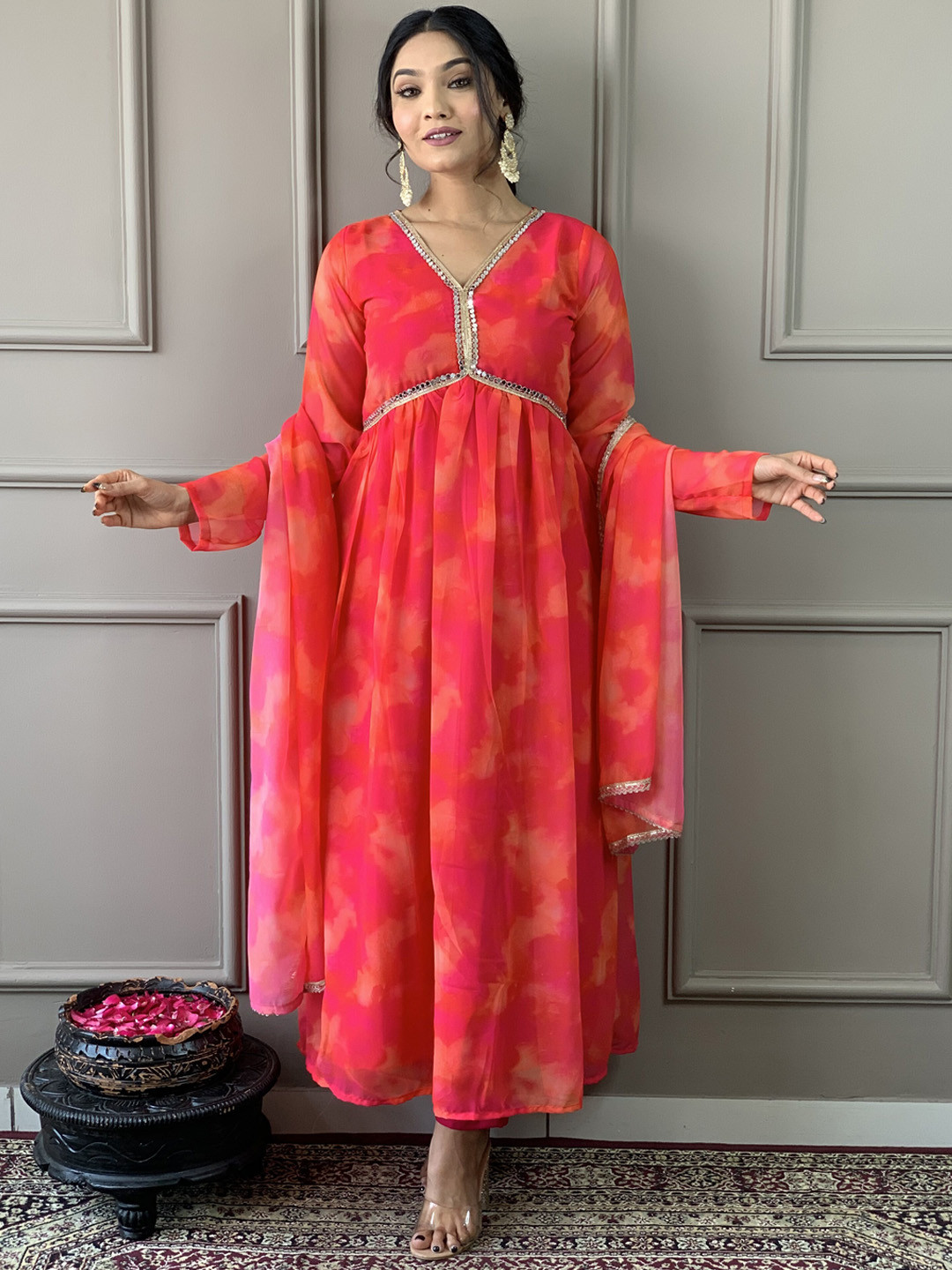 

KALINI V Neck Long Sleeves Printed Empire Anarkali Kurta with Trouser & Dupatta, Pink