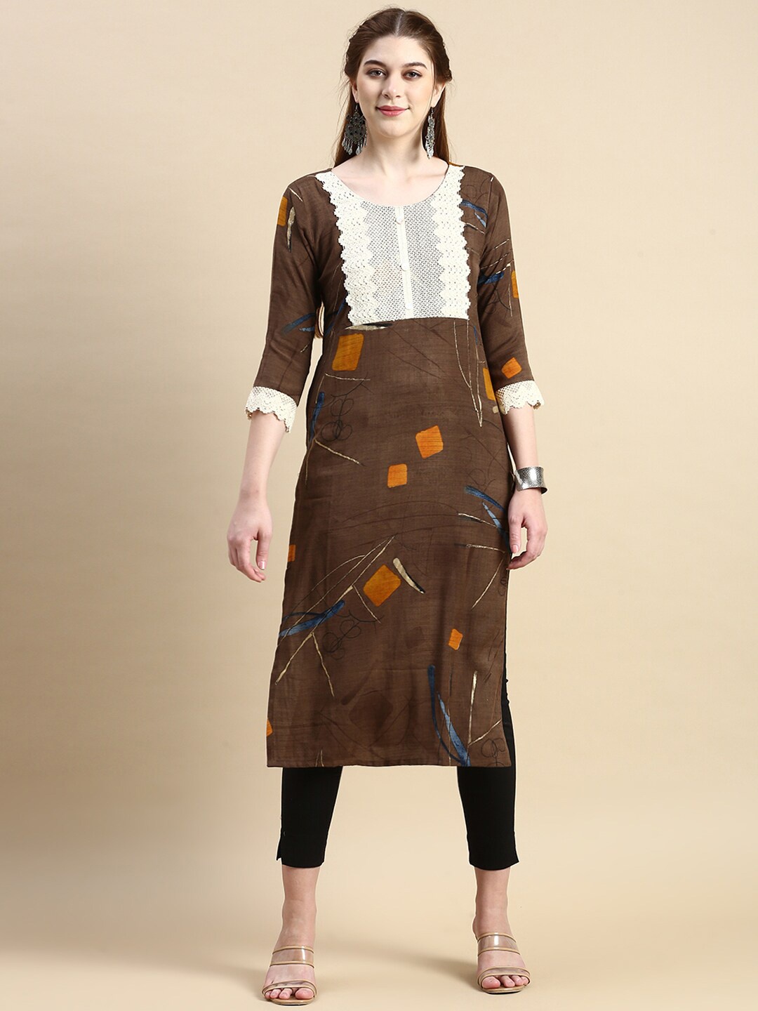 

GRANTH FASHION Geometric Printed Modal Straight Kurta, Brown