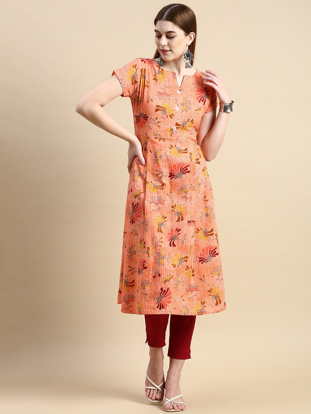 

GRANTH FASHION Floral Printed A-Line Kurta, Orange