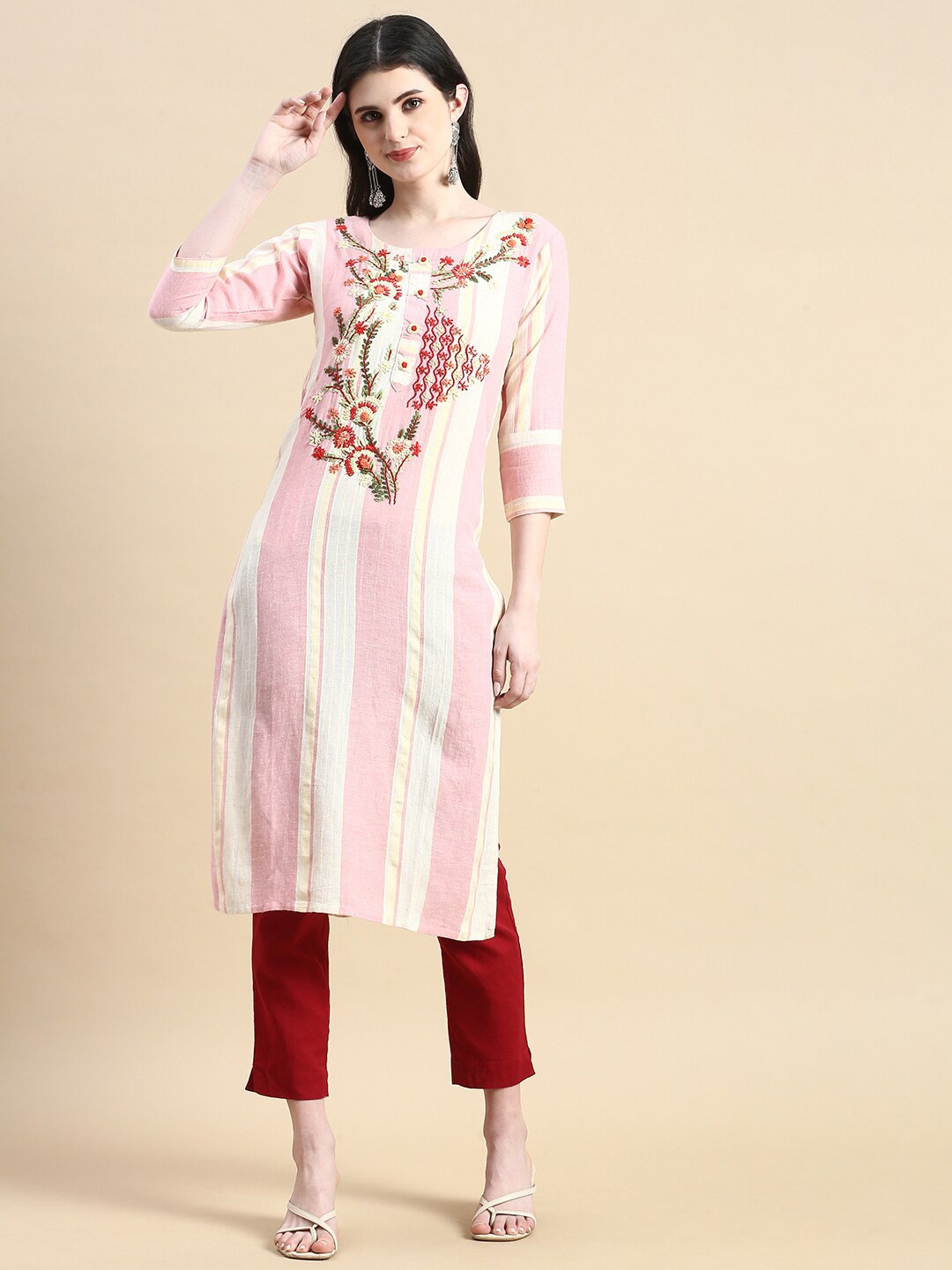 

GRANTH FASHION Floral Embroidered Modal Straight Kurta, Pink