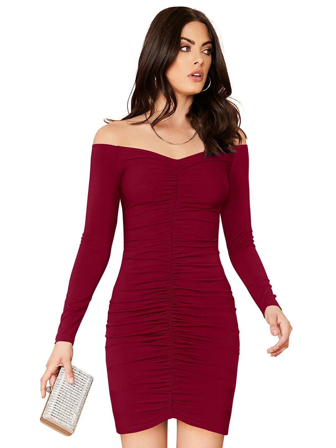 

BAESD Off-Shoulder Long Sleeves Ruched Bodycon Dress, Maroon