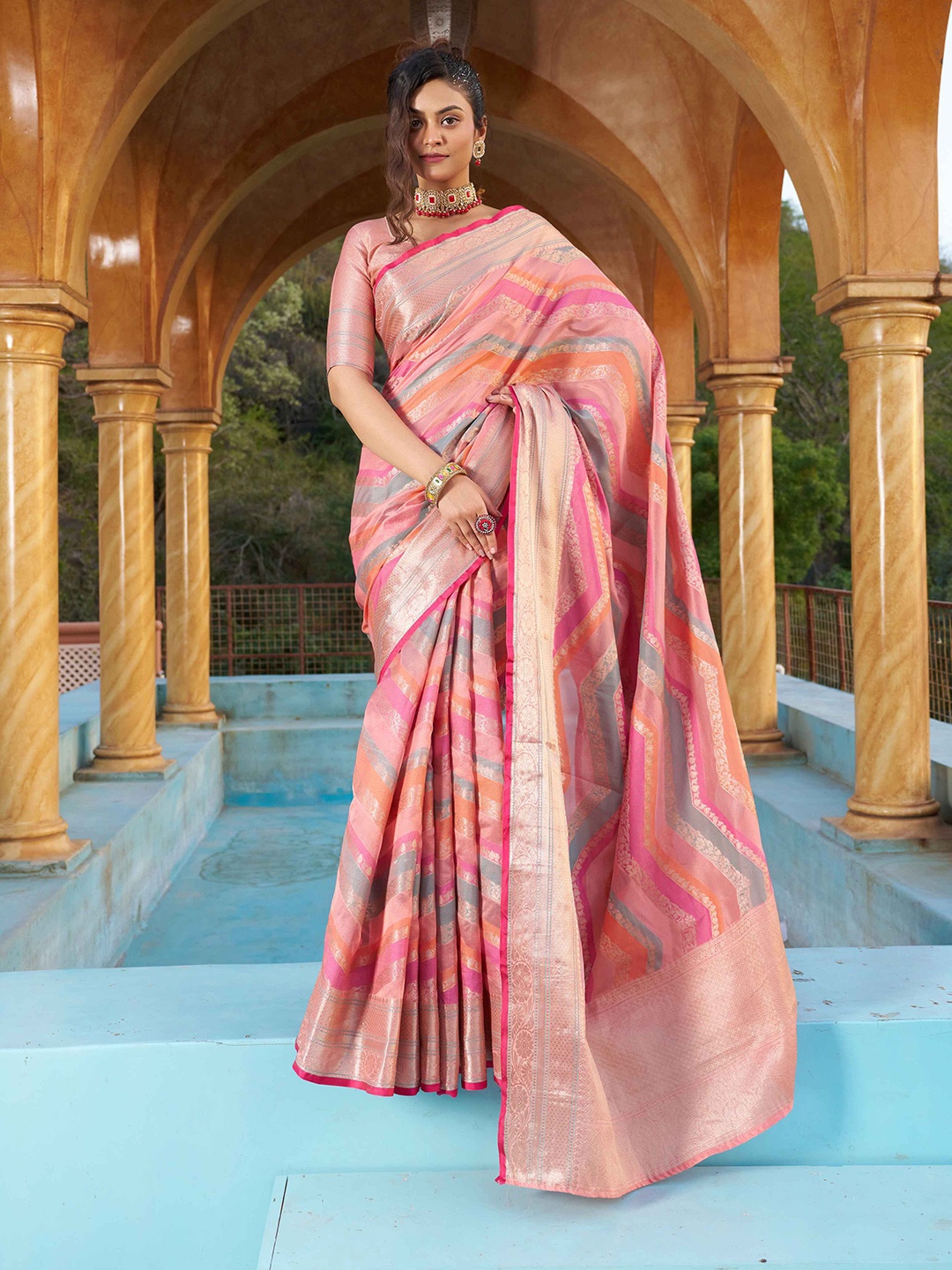 

KALINI Floral Woven Design Organza Saree, Orange