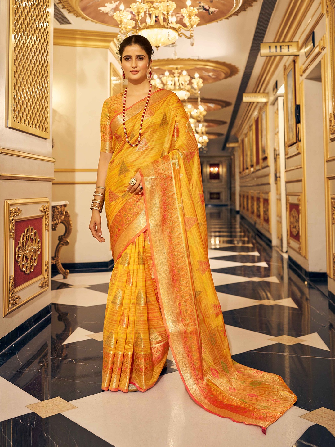 

KALINI Ethnic Motifs Organza Saree, Yellow