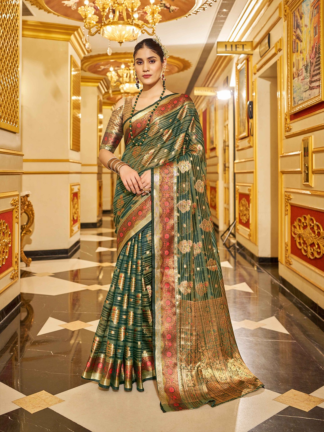 

KALINI Ethnic Motifs Woven Design Patchwork Organza Saree, Green