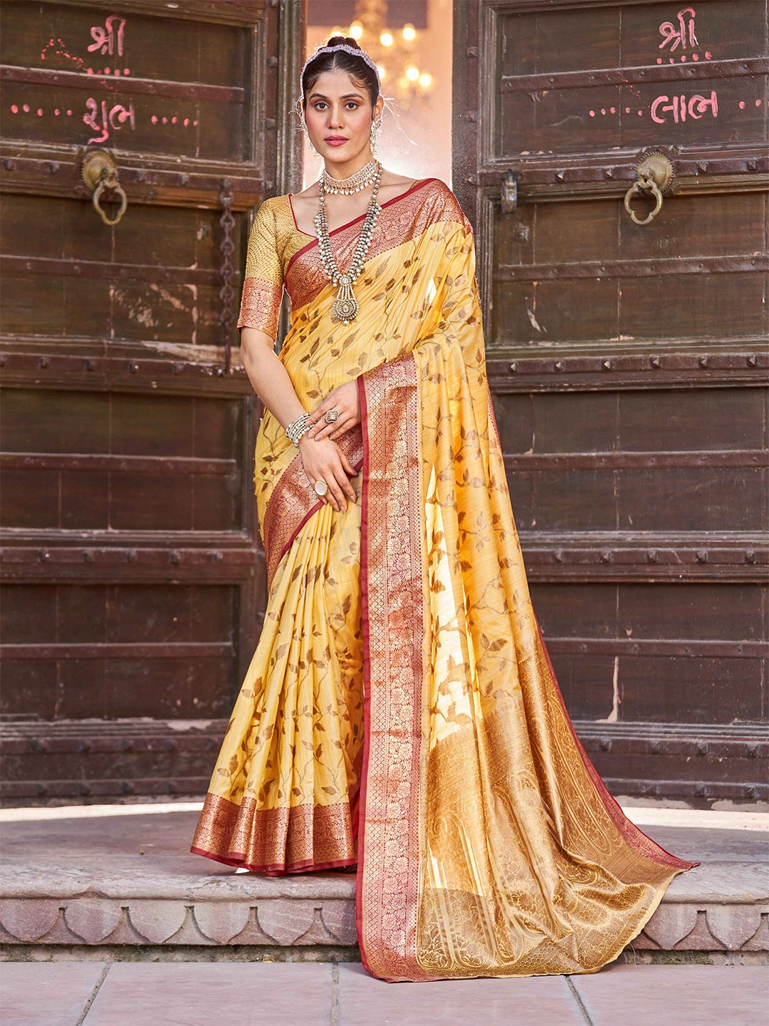 

KALINI Ethnic Motifs Woven Design Zari Saree, Yellow