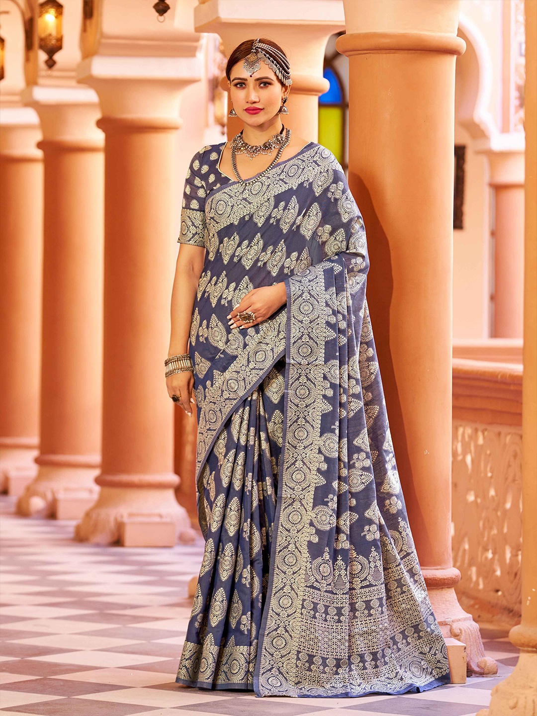 

KALINI Floral Woven Design Zari Saree, Blue