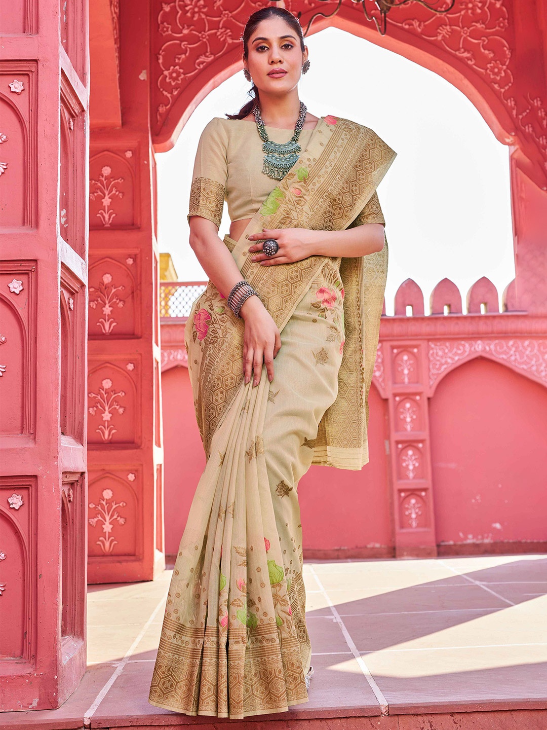 

KALINI Floral Woven Design Zari Saree, Beige