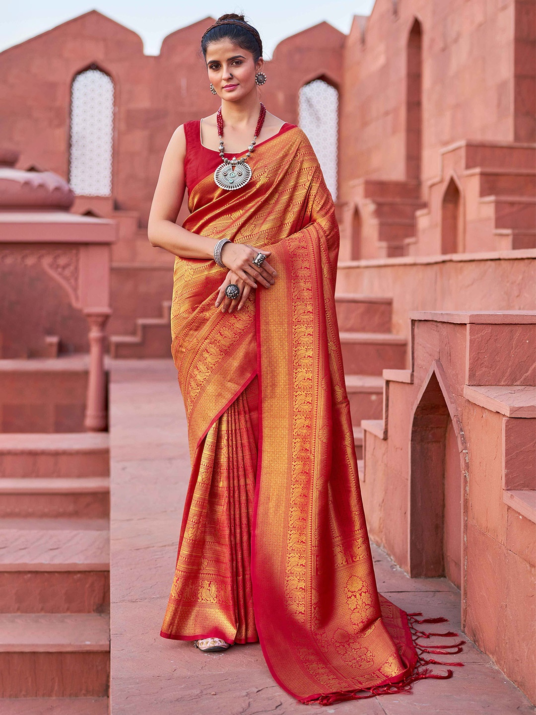 

KALINI Ethnic Motifs Zari Saree, Red